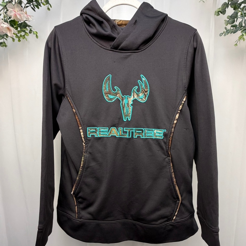 Realtree Kids Performance Hoodie Grey Turquoise Camo Logo Sweatshirt